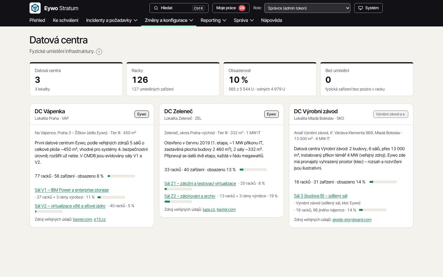 Illustrative screenshot: Data centres and contracts